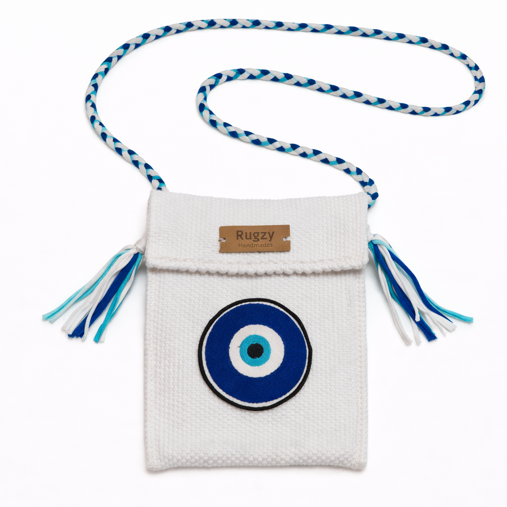 Hand-Loomed Crossbody Bag — Evil Eye | White