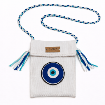 Hand-Loomed Crossbody Bag — Evil Eye | White
