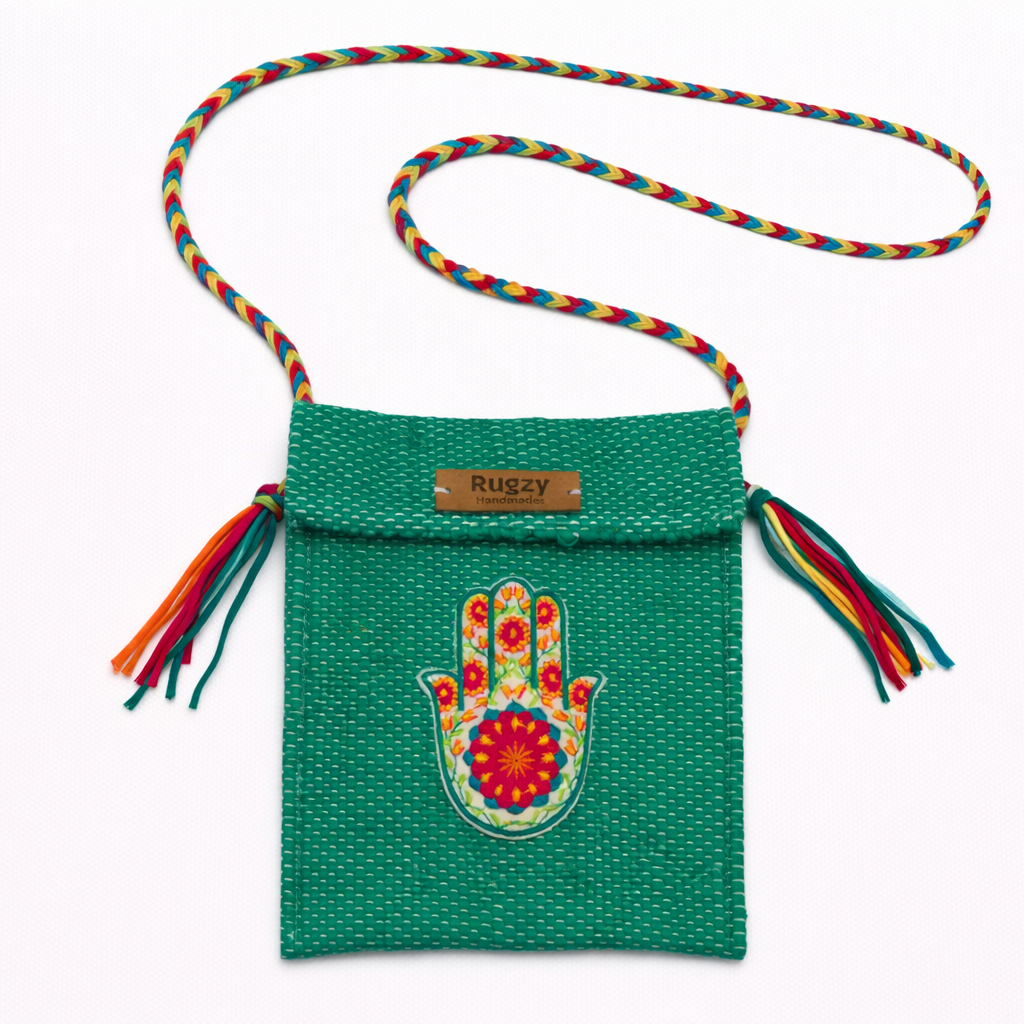 Hand-Loomed Crossbody Bag — Hamsa | Teal & Rainbow