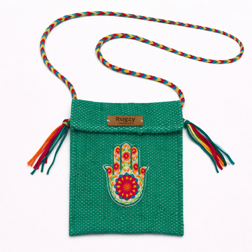 Hand-Loomed Crossbody Bag — Hamsa | Teal & Rainbow