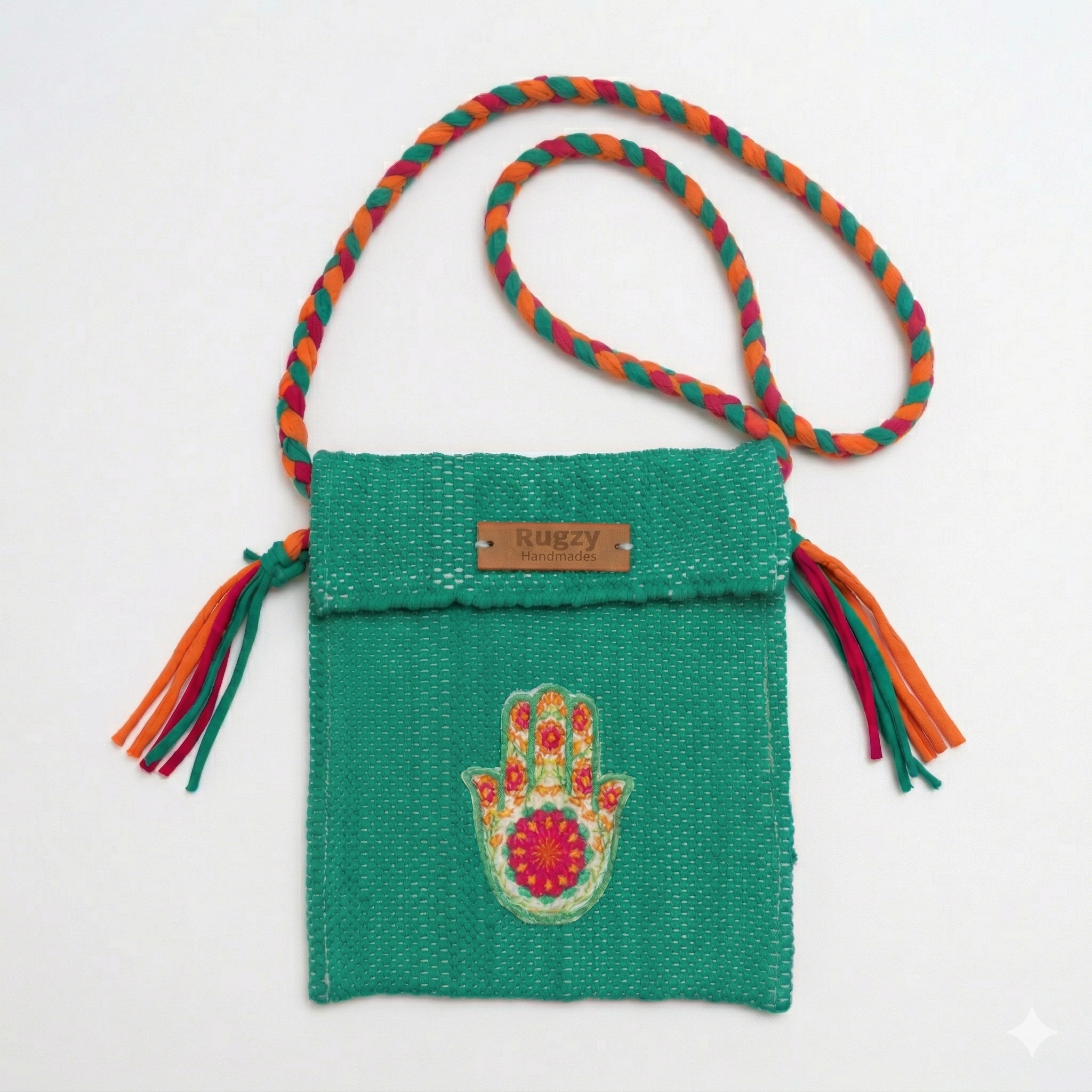 Hand-Loomed Crossbody Bag — Hamsa | Teal & Citrus