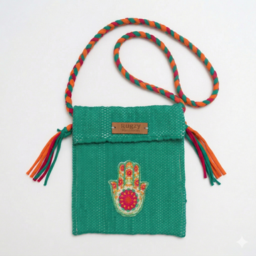 Hand-Loomed Crossbody Bag — Hamsa | Teal & Citrus