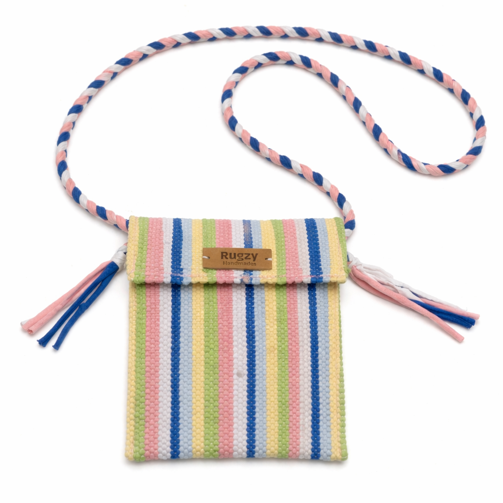 Hand-Loomed Striped Crossbody Bag | Pastel Rainbow — Pink & Blue Strap