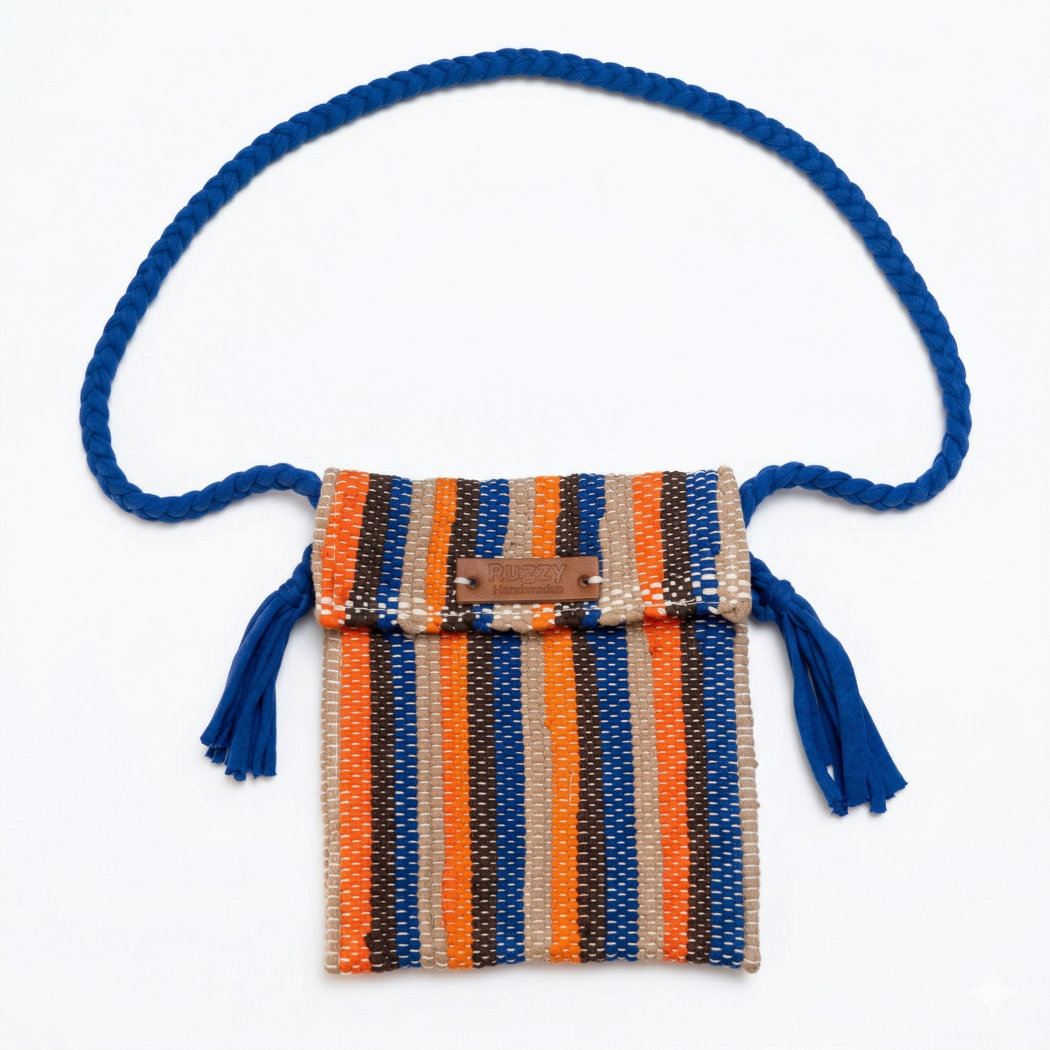 Hand-Loomed Striped Crossbody Bag | Blue, Orange & Brown — Blue Strap
