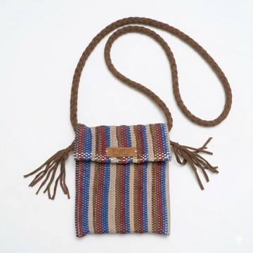 Hand-Loomed Striped Crossbody Bag | Burgundy, Blue & Khaki — Brown Strap