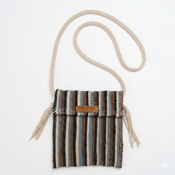 Hand-Loomed Striped Crossbody Bag | Black, Brown & Steel Blue — Cream Strap