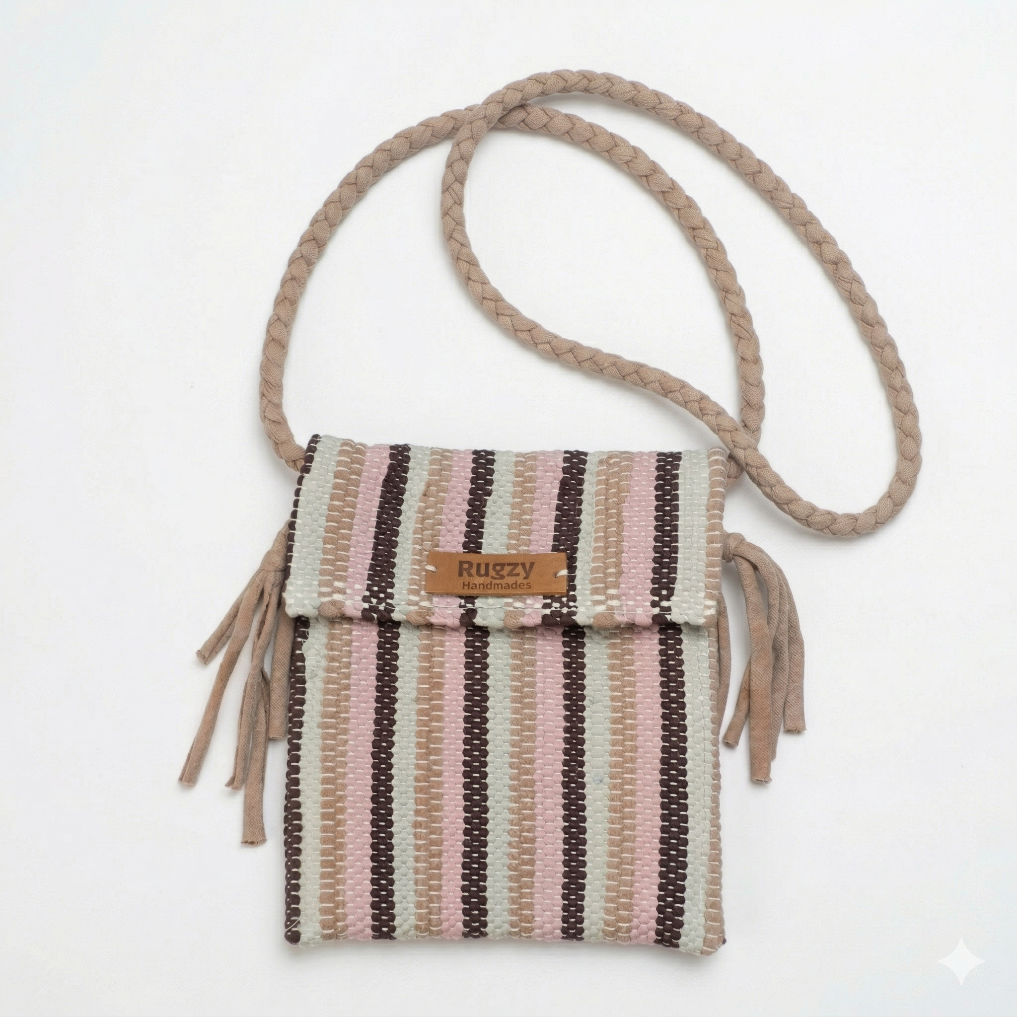 Hand-Loomed Striped Crossbody Bag | Blush, Sage & Chocolate — Beige Strap