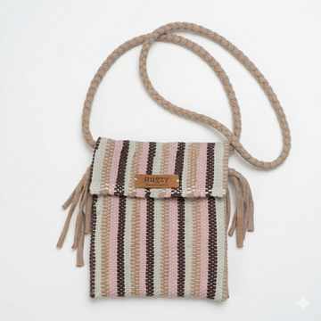 Hand-Loomed Striped Crossbody Bag | Blush, Sage & Chocolate — Beige Strap