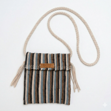Hand-Loomed Striped Crossbody Bag | Black, Brown & Slate Blue — Cream Strap