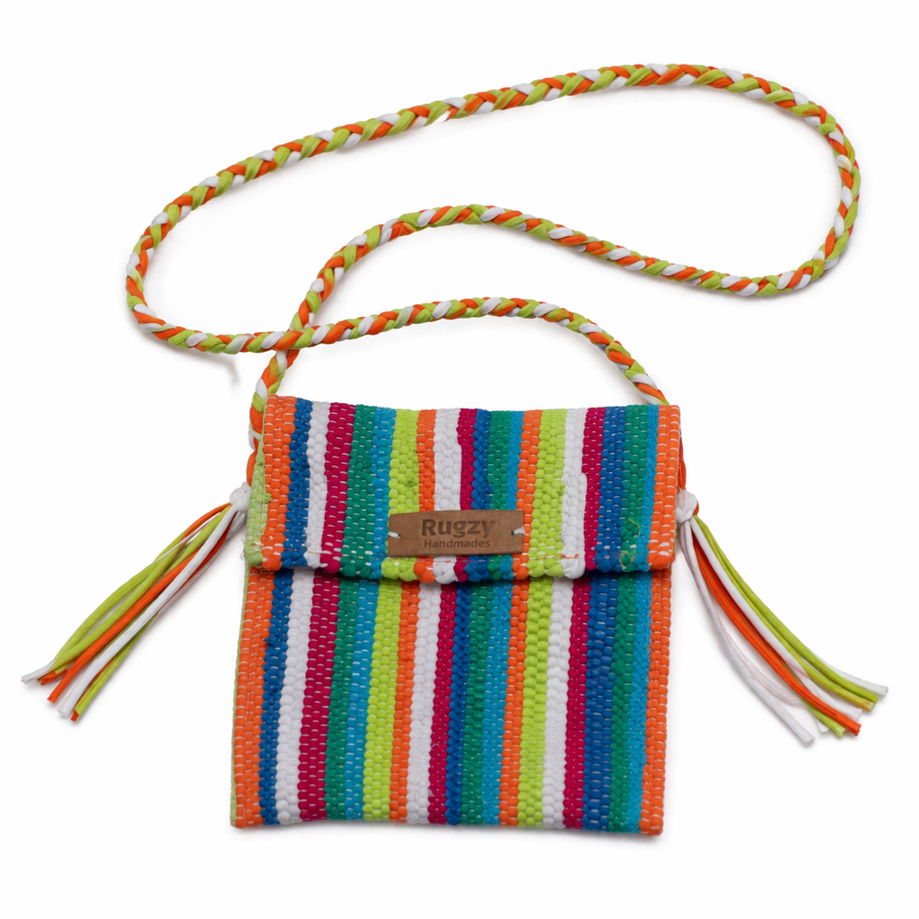 Hand-Loomed Striped Crossbody Bag | Neon Rainbow — Green & Orange Strap
