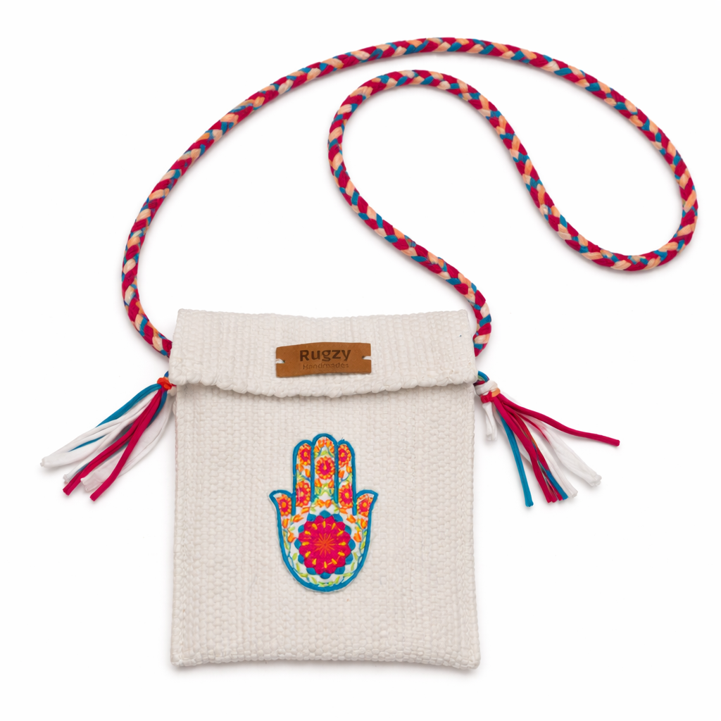 Hand-Loomed Crossbody Bag — Hamsa | White II