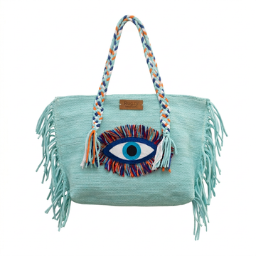 Mint Turquoise Evil Eye Fringe Beach Tote