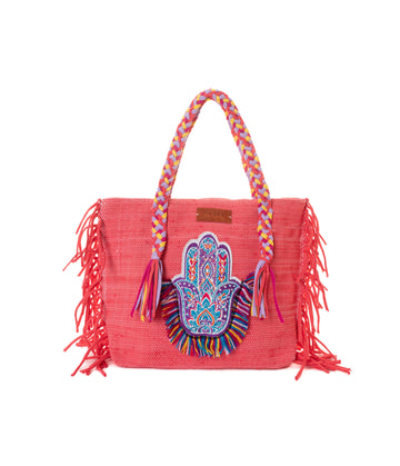 Fuchsia Hamsa Hand Fringe Beach Tote
