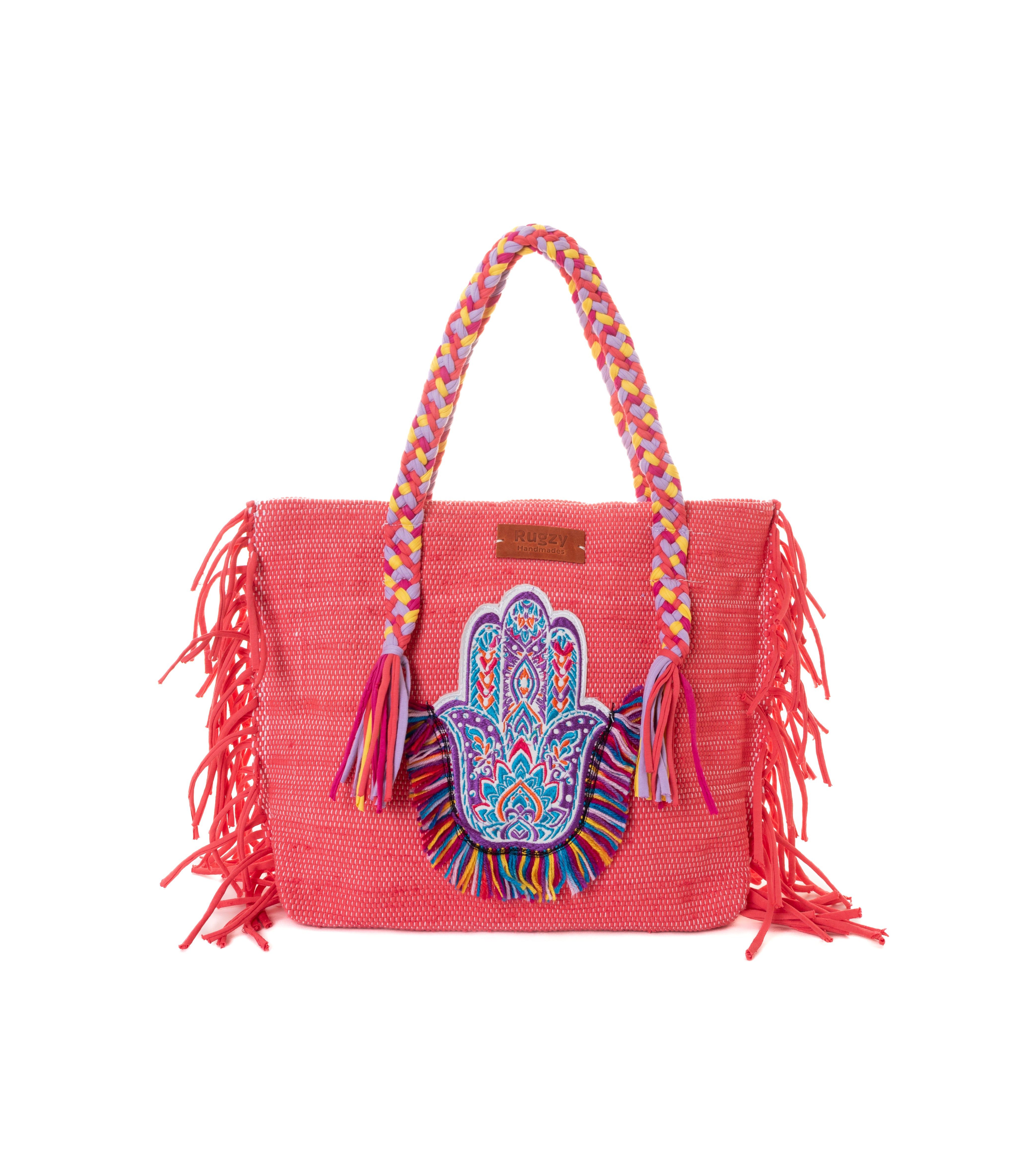 Fuchsia Hamsa Hand Fringe Beach Tote