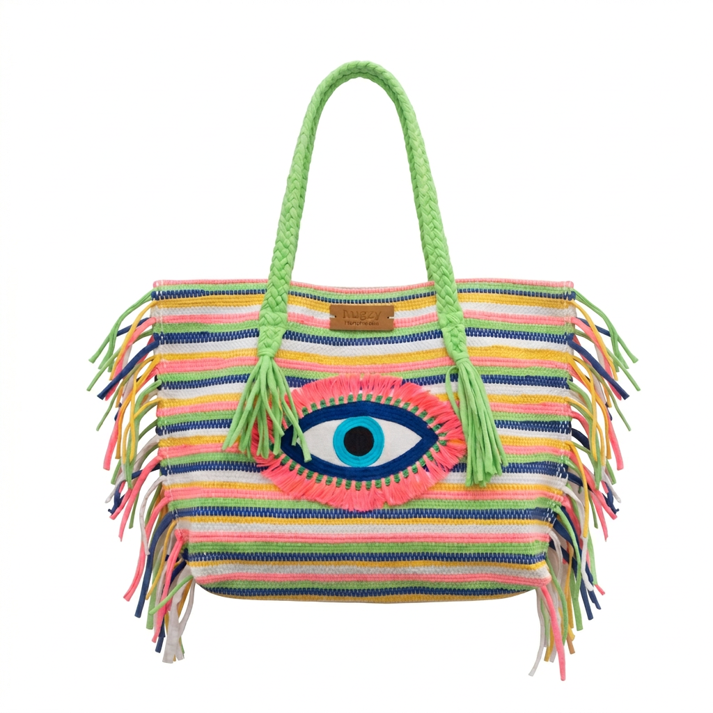 Multicolor Striped Evil Eye Fringe Beach Tote