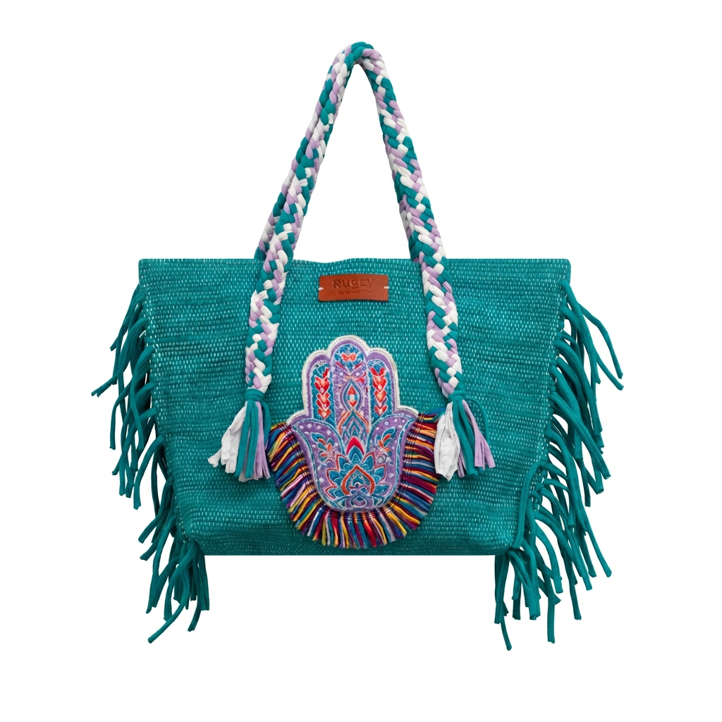 Teal Green Hamsa Hand Fringe Beach Tote