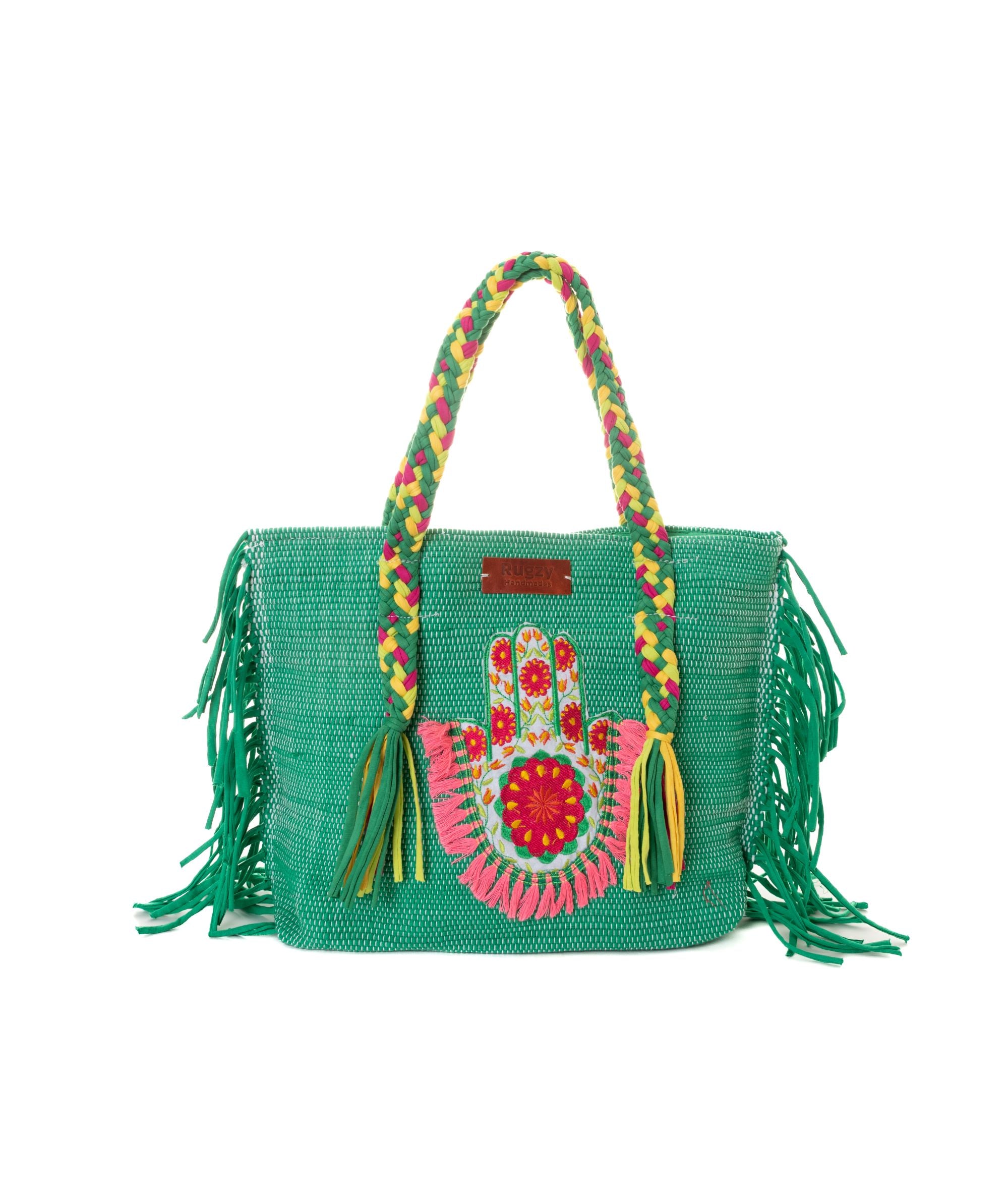 Kelly Green Hamsa Hand Fringe Beach Tote