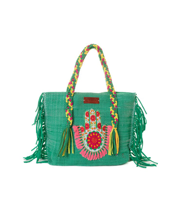 Kelly Green Hamsa Hand Fringe Beach Tote