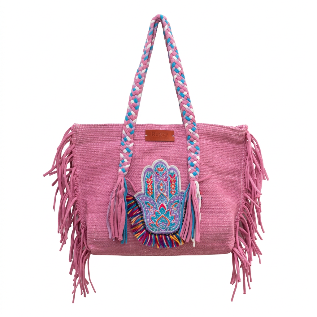 Lavender Pink Hamsa Hand Arabesque Fringe Beach Tote