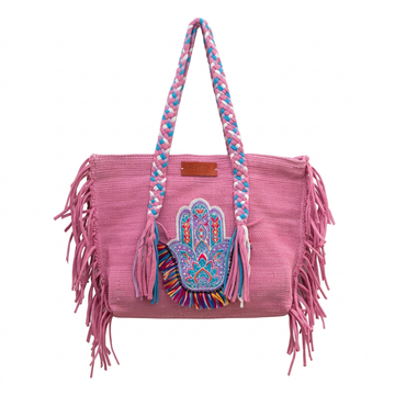 Lavender Pink Hamsa Hand Arabesque Fringe Beach Tote