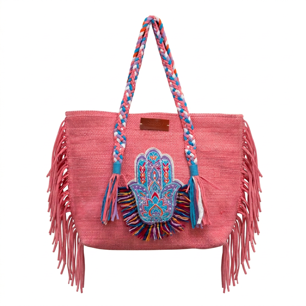 Salmon Pink Hamsa Hand Arabesque Fringe Beach Tote