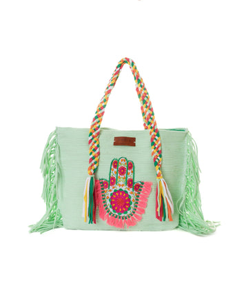 Mint Green Hamsa Hand Floral Fringe Beach Tote