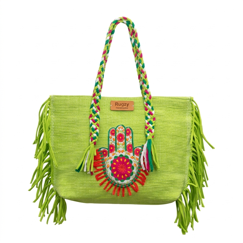 Lime Green Hamsa Hand Floral Fringe Beach Tote