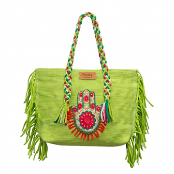 Lime Green Hamsa Hand Floral Fringe Beach Tote