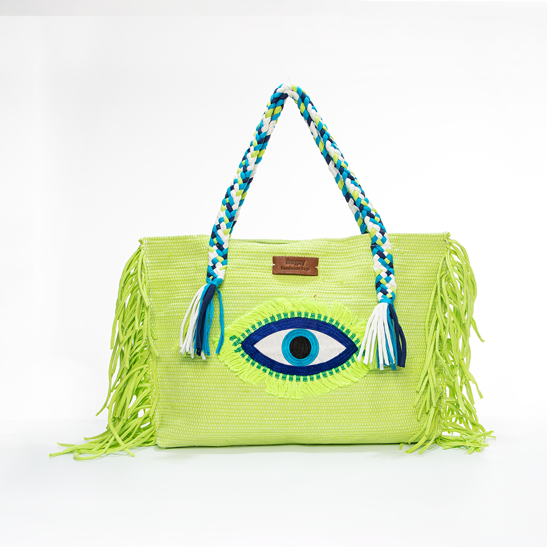 Neon Lime Green Evil Eye Fringe Beach Tote