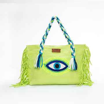 Neon Lime Green Evil Eye Fringe Beach Tote