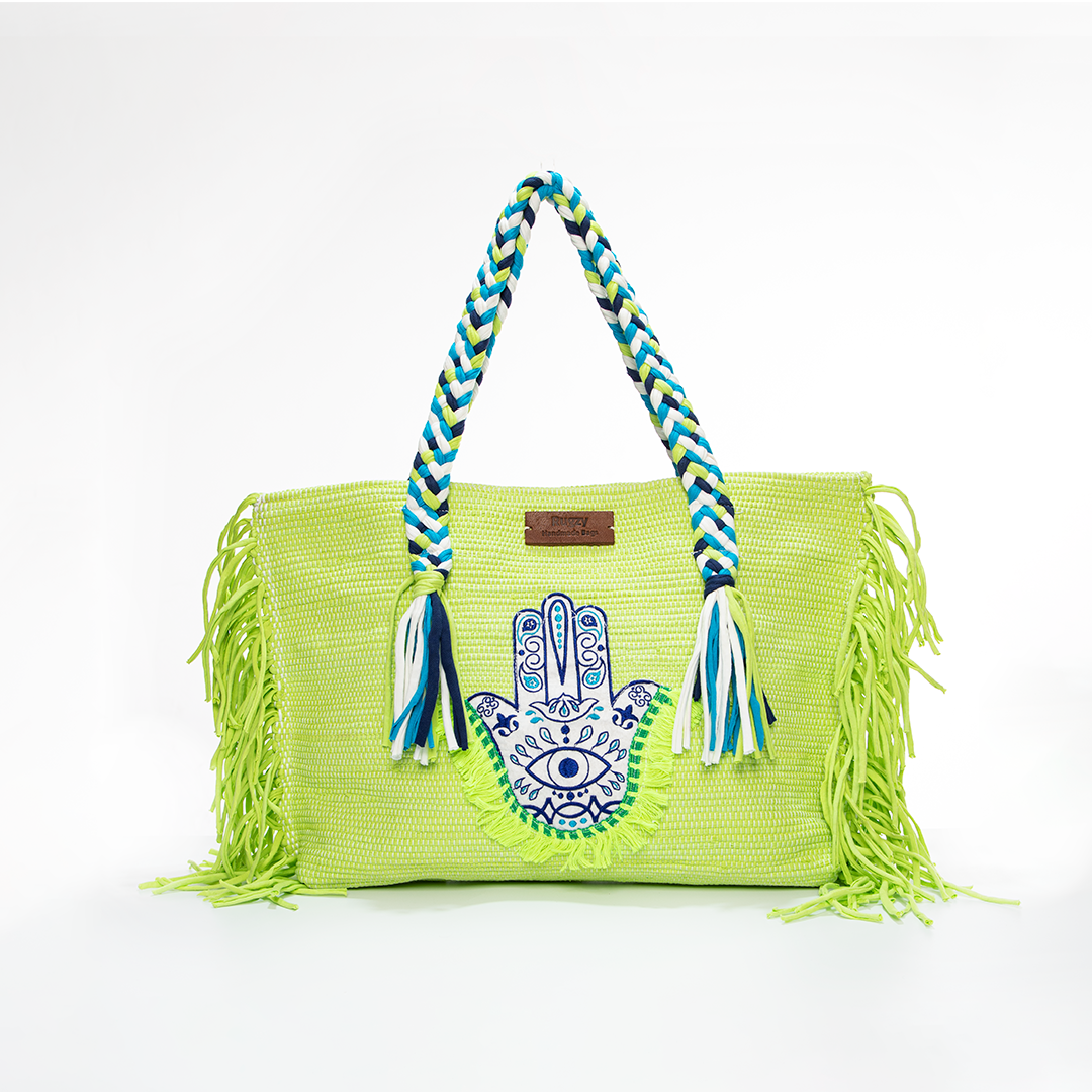 Neon Lime Green Hamsa Evil Eye Fringe Beach Tote