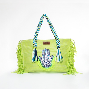 Neon Lime Green Hamsa Evil Eye Fringe Beach Tote