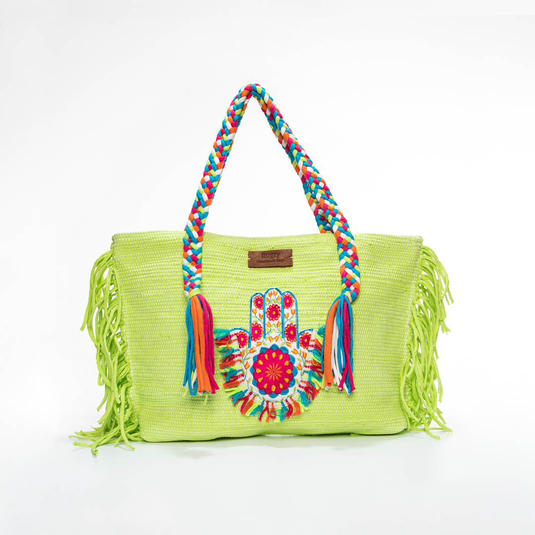 Neon Lime Green Hamsa Hand Rainbow Burst Fringe Beach Tote