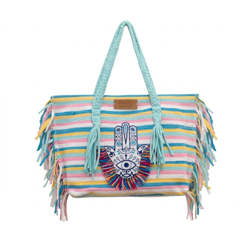 Pastel Stripe Hamsa Evil Eye Fringe Beach Tote