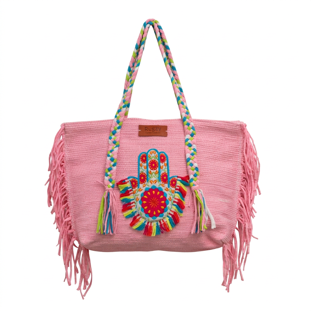 Baby Pink Hamsa Hand Floral Fringe Beach Tote