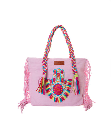 Soft Pink Hamsa Hand Rainbow Fringe Beach Tote
