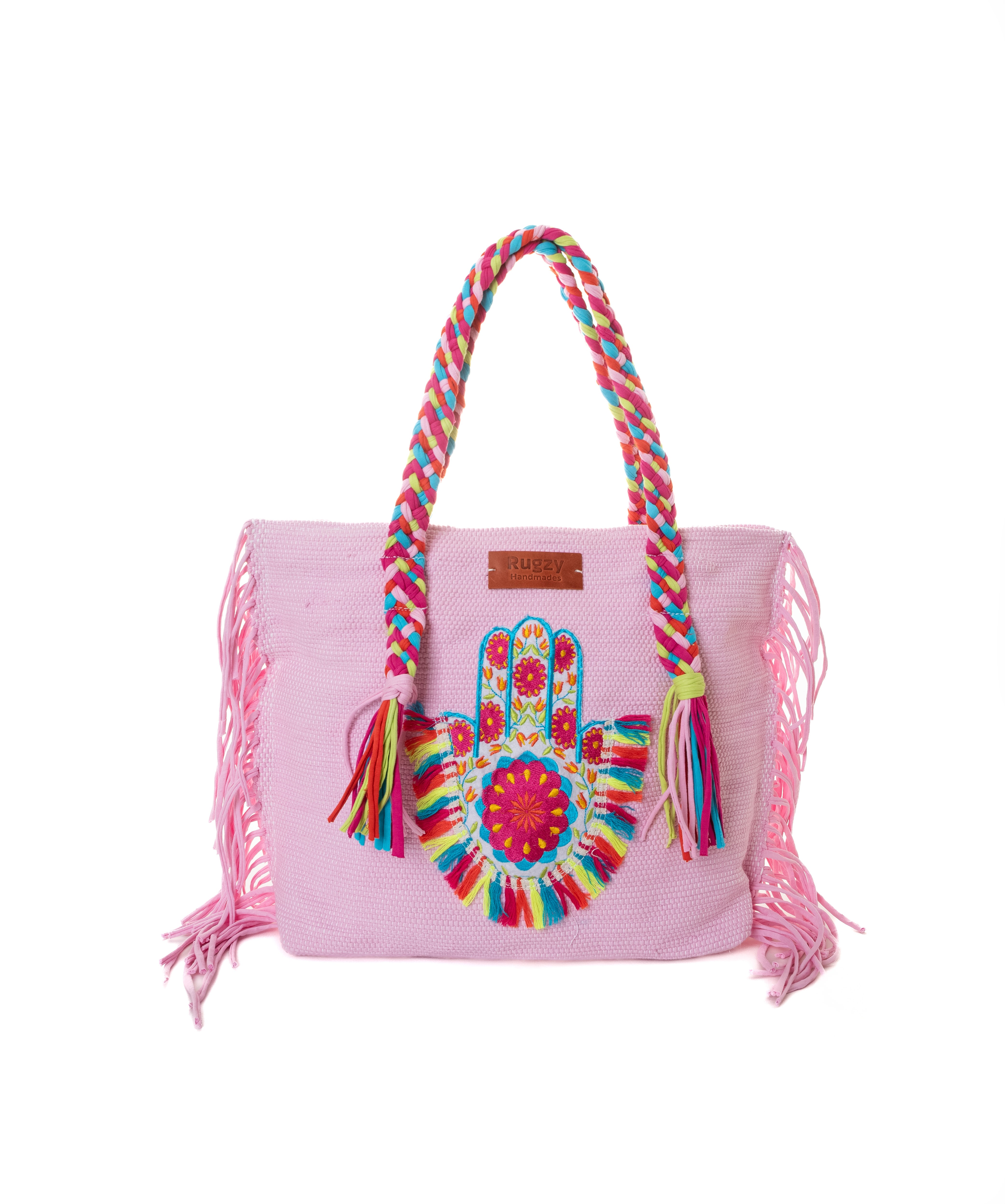 Soft Pink Hamsa Hand Rainbow Fringe Beach Tote