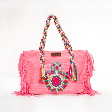 Neon Pink Hamsa Hand Rainbow Fringe Beach Tote