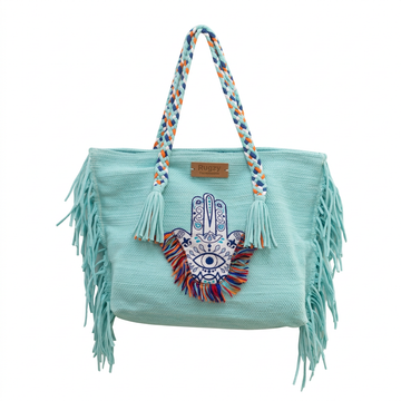 Pistachio Mint Hamsa Evil Eye Arabesque Fringe Beach Tote