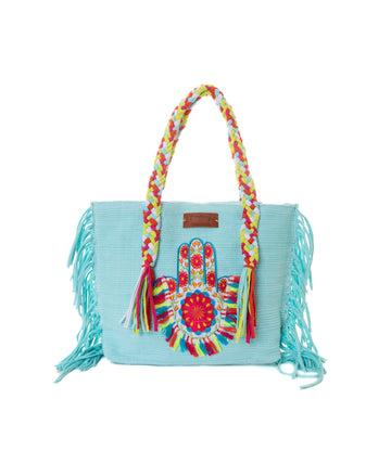 Pistachio Blue Hamsa Hand Rainbow Fringe Beach Tote
