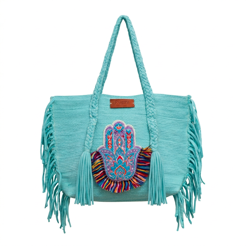 Pistachio Mint Hamsa Hand Lotus Fringe Beach Tote