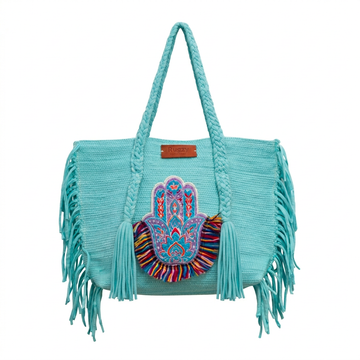 Pistachio Mint Hamsa Hand Lotus Fringe Beach Tote