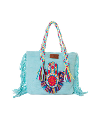 Pistachio Blue Hamsa Hand Jewel Fringe Beach Tote