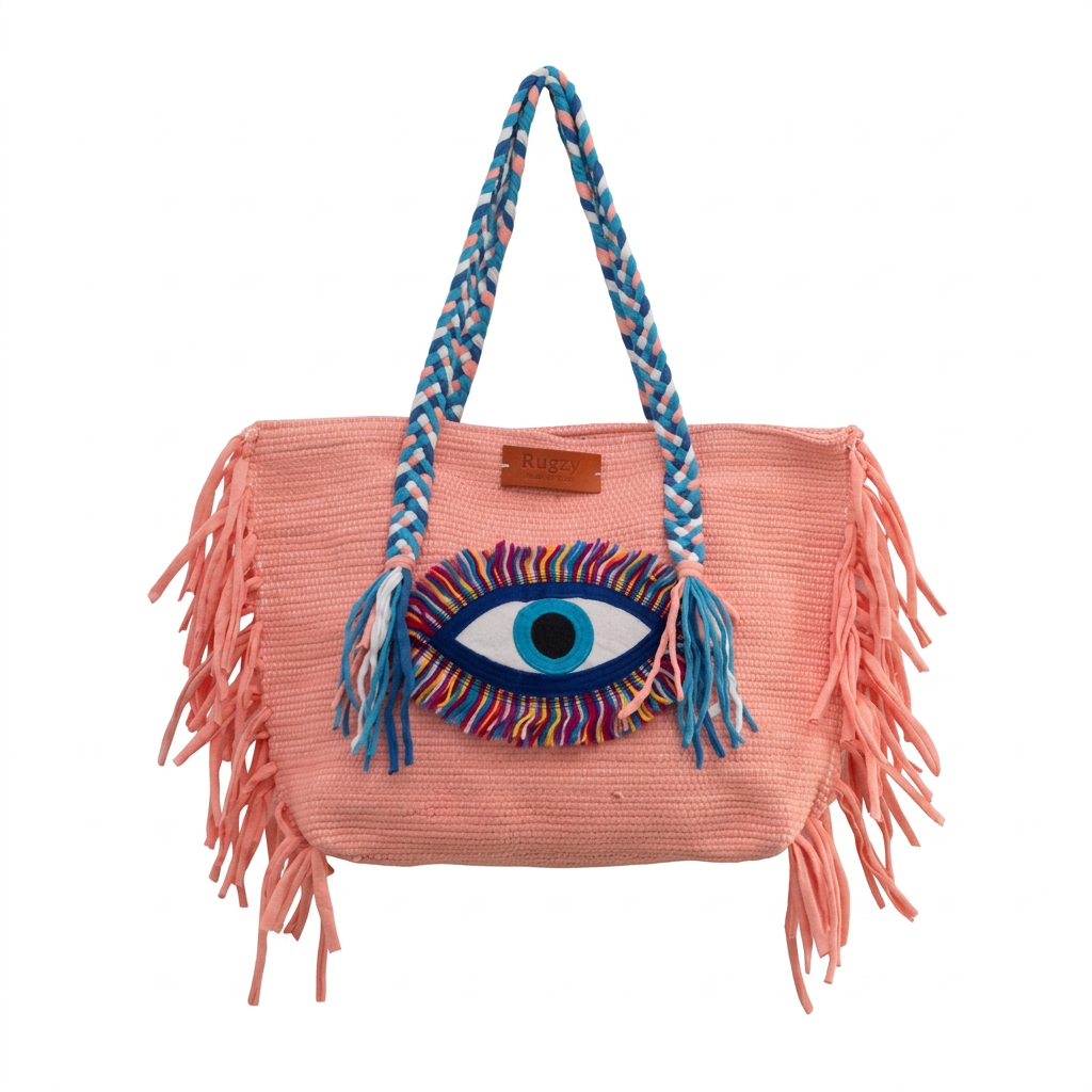 Salmon Peach Evil Eye Fringe Beach Tote