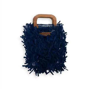Boho Shag Tote Bag with Wooden Handle – Navy Blue