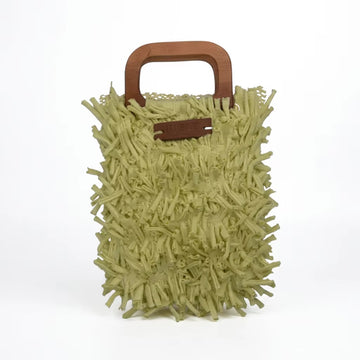 Boho Shag Tote Bag with Wooden Handle – Pistachio