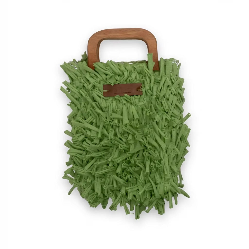 Boho Shag Tote Bag with Wooden Handle – Green