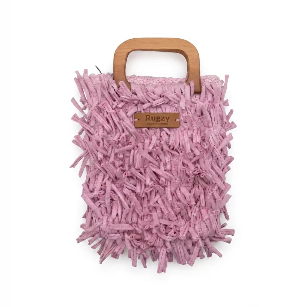 Boho Shag Tote Bag with Wooden Handle – Lavender