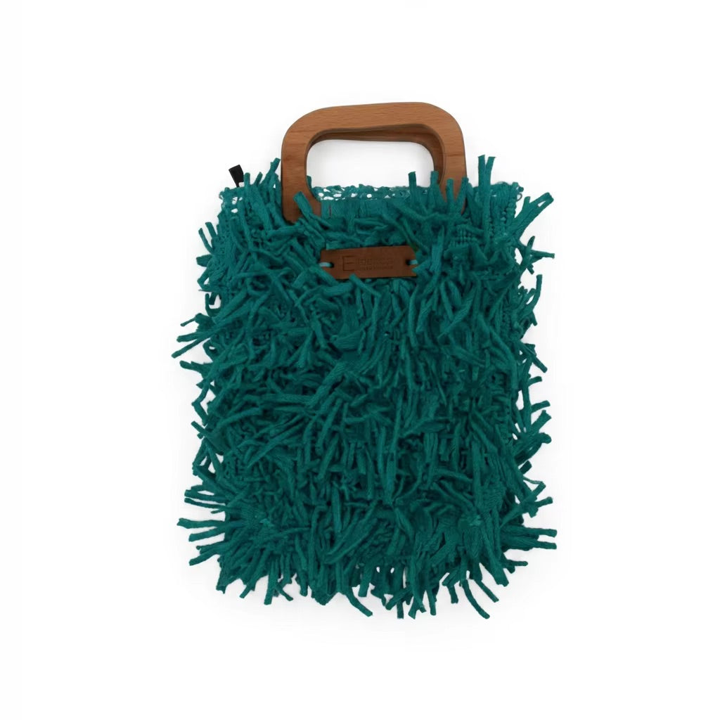 Boho Shag Tote Bag with Wooden Handle – Teal