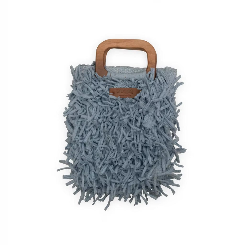 Boho Shag Tote Bag with Wooden Handle – Dusty Blue